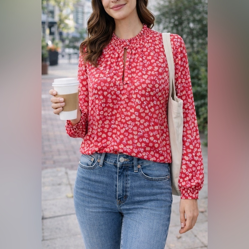 J.Crew Heart Print Keyhole Blouse Small Red Pink NWT
